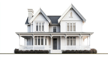Classic Victorian house with white facade and porch on white background