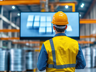 A worker in safety gear observes a digital display in a warehouse environment.