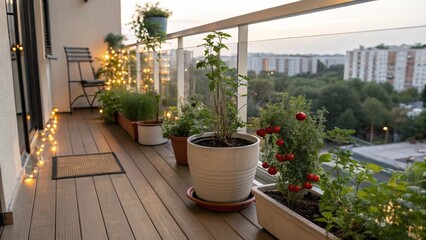 A cozy balcony features a variety of small potted plants, including tomatoes and herbs, illuminated by warm string lights as the sun sets in an urban landscape with apartment buildings in view.