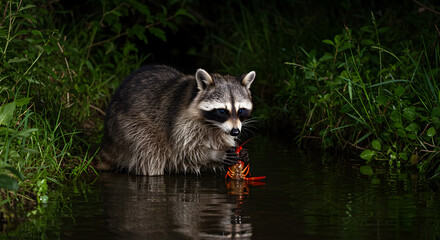 Fototapeta premium Raccoon's riverside supper: A masked bandit enjoys a crayfish catch in nature