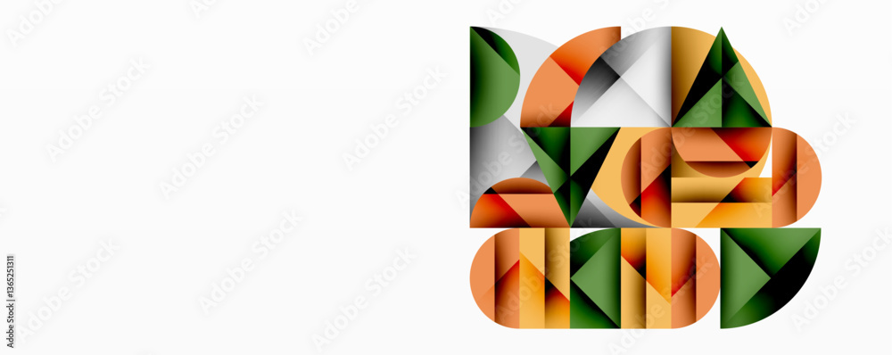Poster Modern abstract composition with layered circles and angular segments featuring gradients, transparency effects, and a structured geometric layout