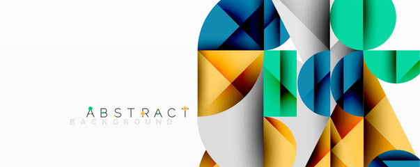Abstract geometric artwork with overlapping circles and gradients, circle square triangle shapes background featuring sharp angular cuts, smooth shading, and structured layered composition