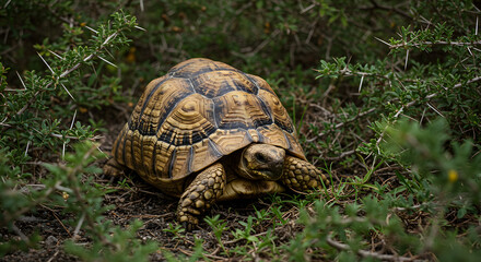 Radiated Tortoise Amidst Thorny Bushes, a Moment of Wildlife Serenity