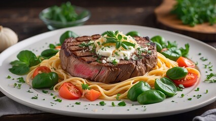 A plated meal featuring a large,