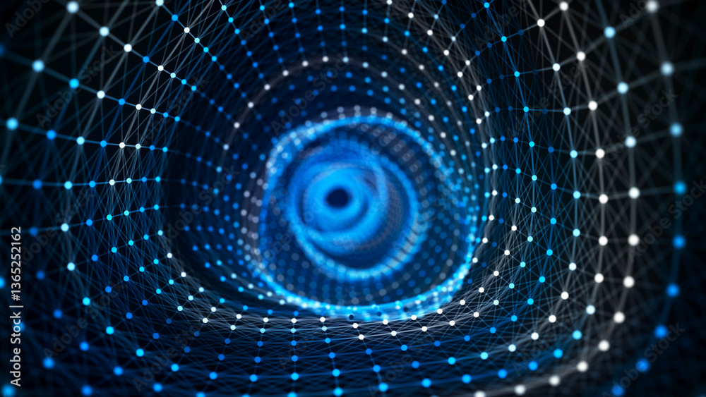 Poster Abstract circle speed tunnel with blue light on black background. Science background with dots and lines moving in a spiral. Wormhole technology. Digital structure with particles. 3d rendering.
