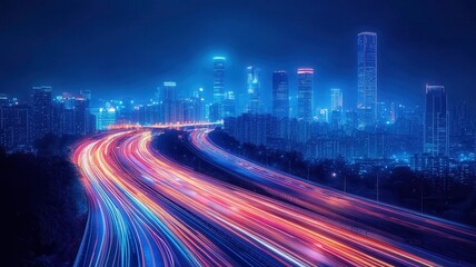 Fototapeta premium Aerial view of urban skyline night traffic dynamic flow in long exposure photography