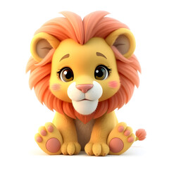 Naklejka premium Lion – 3D baby lion, fluffy mane, chubby paws, light yellow and pink tones, white background Generative AI