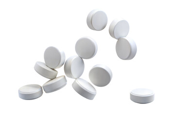 Falling white pills isolated on transparent background. Png