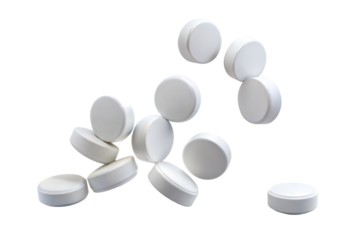 Falling white pills isolated on transparent background. Png