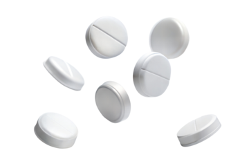 Falling white pills isolated on transparent background. Png