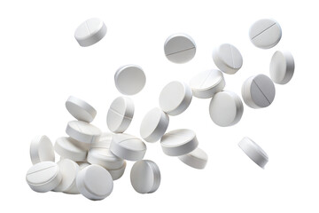 Falling white pills isolated on transparent background. Png
