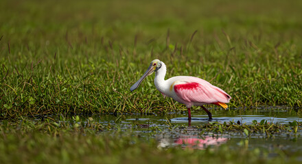 Roseate Spoonbill Foraging in Florida Wetlands Displays Striking Plumage