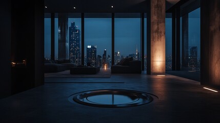 Fototapeta premium Modern penthouse living room with city view and sunken jacuzzi at night.