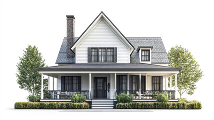 Classic house with porch and trees on white background