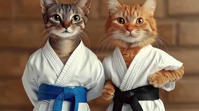 Two cats dressed in karate uniforms, one with a blue belt and another with a black belt, striking confident poses, embodying a humorous take on martial arts culture.