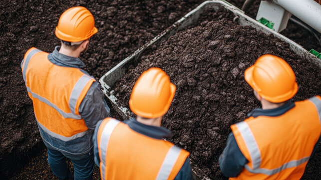 Construction workers in safety gear observing a site with machinery and materials.