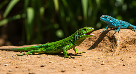 Fototapeta premium Emerald encounter: Vibrant green lizard meets a brilliant blue counterpart in nature