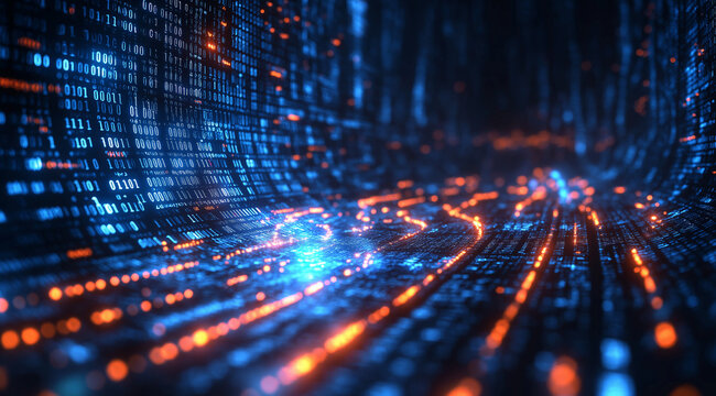 Digital technology background with blue light rays and binary code