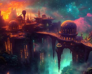 Ethereal fantasy city perched on a cliff, glowing with vibrant lights against a cosmic backdrop.  Perfect for game design, book covers, or fantasy art projects. © Puchong