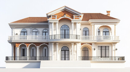 Fototapeta premium Elegant classic house with arched windows and columns on white background