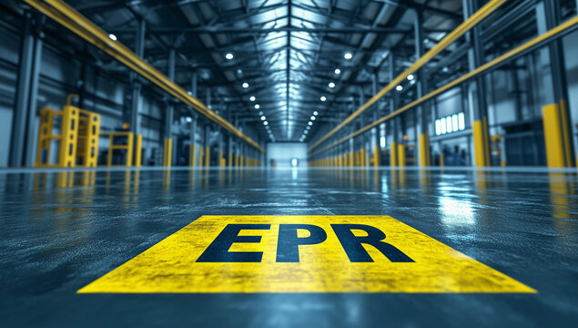 Extended Producer Responsibility (EPR) Concept, Industrial Factory Floor with EPR Marking Reflective Surface Modern Warehouse Interior