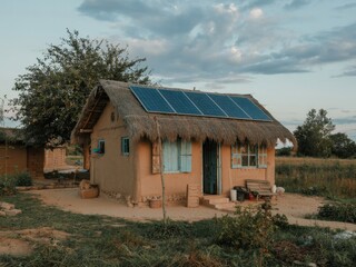 Small mud brick home with solar panels in a rural village surrounded by nature during sunset hours