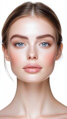 Obraz premium Close Up Portrait of Young Woman with Freckles and Blue Eyes