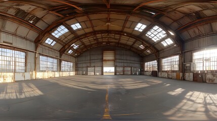 Naklejka premium Vast Industrial Hangar: Sunlit Spaces of Rusted Grandeur