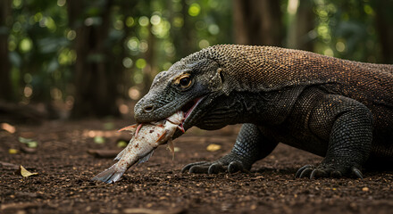 Obraz premium Komodo dragon devouring fresh fish in natural habitat with scenic backdrop