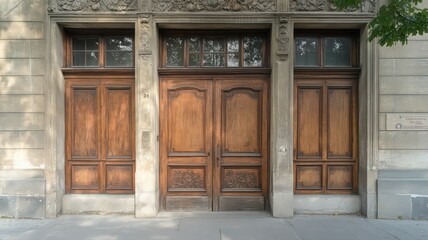 Aged Wooden Doors in Stone Building Facade
