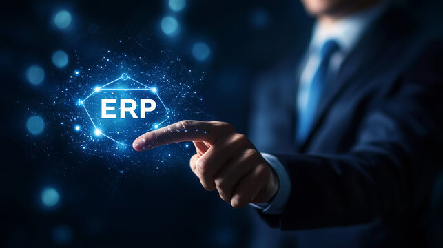 Businessperson Interacting with Futuristic ERP System Interface on a Digital Screen