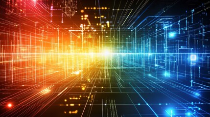 Obraz premium A vibrant digital landscape showcasing interconnectedness and boundless technological possibilities with glowing lines and a dynamic color palette.
