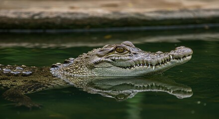 Obraz premium Crocodile reflection in calm water: close-up of reptile's head in natural habitat