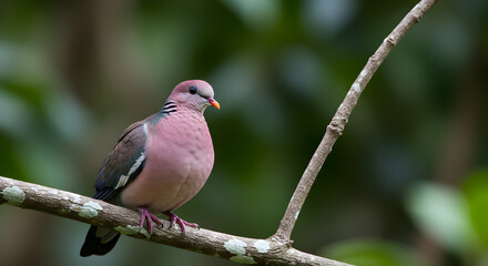 Obraz premium Rare Pink Pigeon Perched on Branch in Mauritian Forest Conservation Wildlife