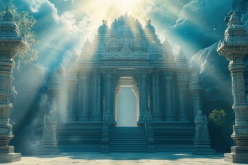 Intricate temple structure illuminated by rays of light during a serene afternoon
