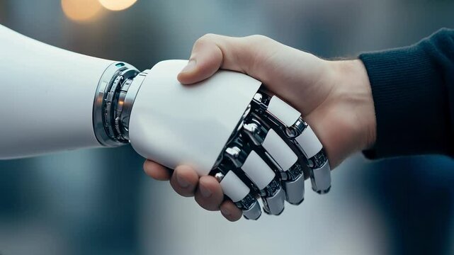 A detailed close-up showing a human hand shaking hands with a robotic hand. The image represents collaboration between humans and artificial intelligence, symbolizing trust, innovation