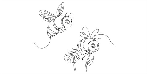 Cute bees continuous single line art drawing sketch on white background