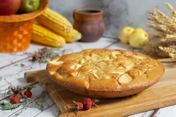 A golden apple pie sits on a wooden board, surrounded by fresh apples, corn, rose hips and decorative elements of autumn