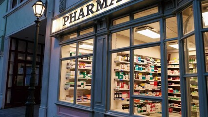 Brightly lit pharmacy storefront displays products during early evening in a historic urban area