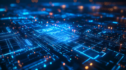 Obraz premium Abstract Blue Digital Network: Futuristic Technology Visualization with Luminous Data and Neon Cyber Connections