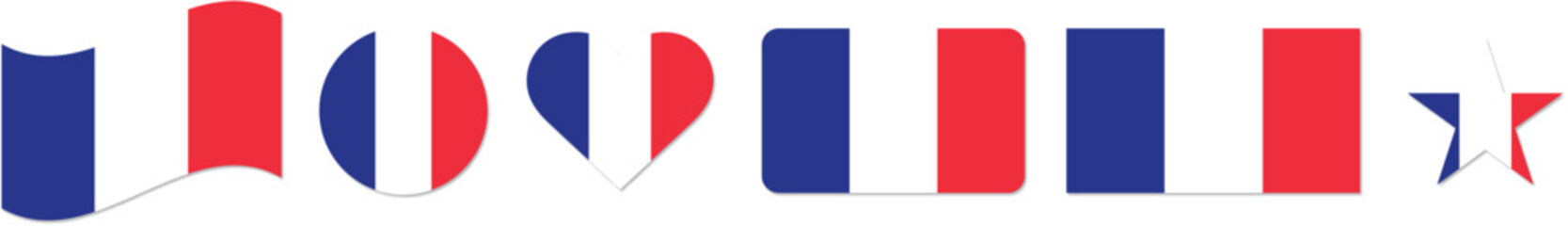France flag vector logo icon set. Heart, Round, Star, stripes, Waving styles Website language choice symbols. Vector UI,  logo, app flag design.