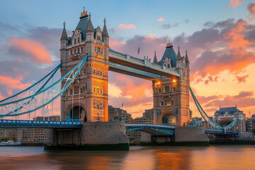 Tower Bridge in Soft Pink and Orange Hues at Day’s End