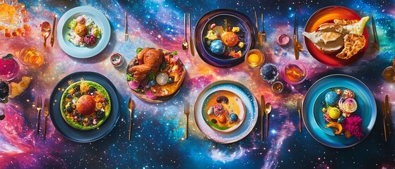 Cosmic culinary feast! A vibrant, space-themed table setting with delicious food artfully arranged. Perfect for food blogs, magazines, and advertising.