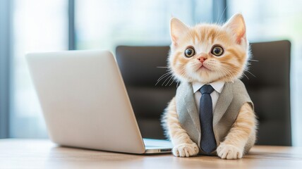 Pet roleplay concept. Cute Cat in Business Suit Sitting at Desk with Laptop