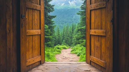 serene view of forest path framed by wooden doors, inviting exploration and adventure