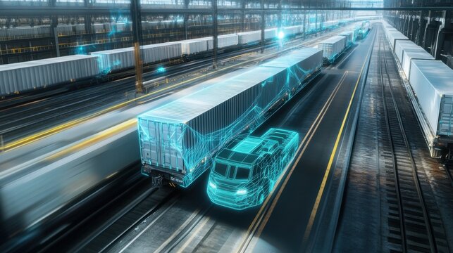 An AI powered self driving cargo train network, autonomous freight trains optimizing logistics with predictive analytics, Transportation tech style