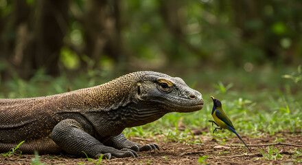 Obraz premium Komodo dragon encounters a colorful bird in wild habitat, a rare interaction