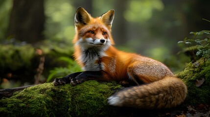 Red fox rests alertly on moss-covered log in enchanted woodland, vibrant fur contrasting with green surroundings. Dappled sunlight filters through trees, enhancing the dreamy wildlife composition.  