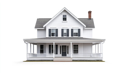 Classic white house with wraparound porch and chimney on white background