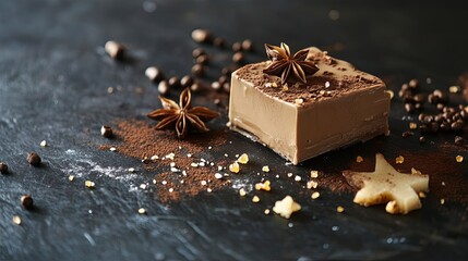 Delicious tiramisu served with star anise and reed sugar creates a delightful breakfast or dessert experience in a cozy kitchen